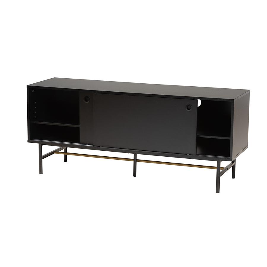 Dark Brown Finished Wood and Two-Tone Black and Gold Metal TV Stand. Picture 2