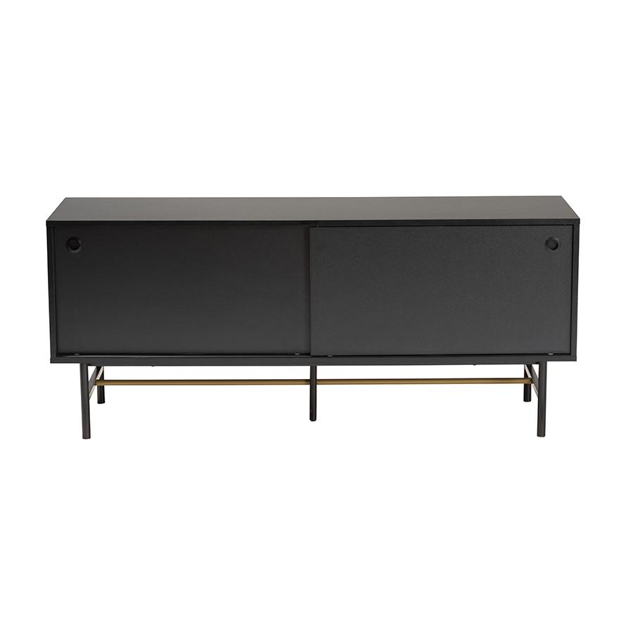 Dark Brown Finished Wood and Two-Tone Black and Gold Metal TV Stand. Picture 3