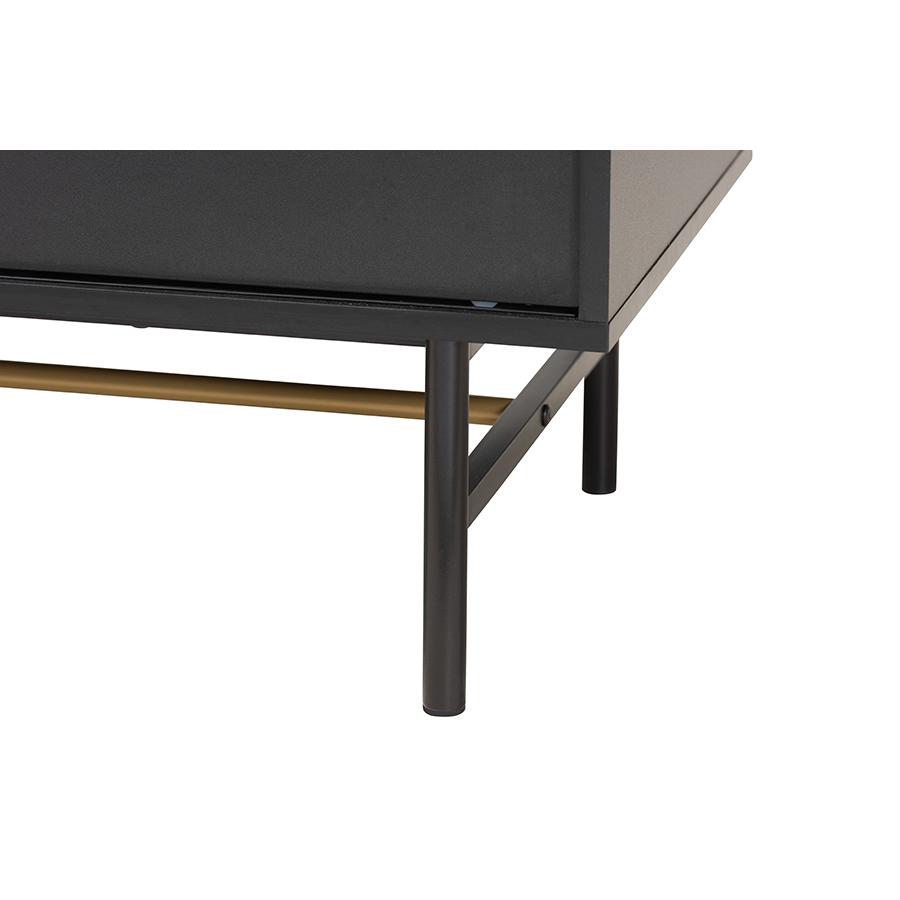 Dark Brown Finished Wood and Two-Tone Black and Gold Metal TV Stand. Picture 6