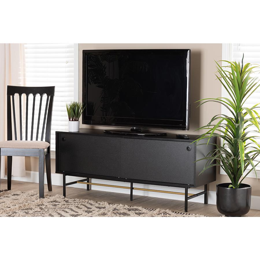Dark Brown Finished Wood and Two-Tone Black and Gold Metal TV Stand. Picture 8