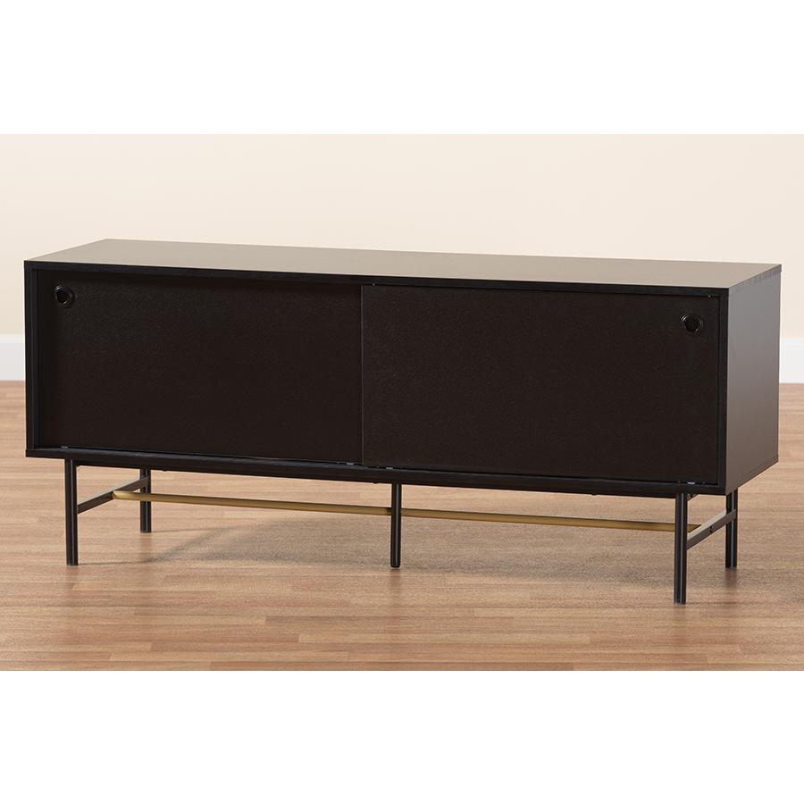 Dark Brown Finished Wood and Two-Tone Black and Gold Metal TV Stand. Picture 9