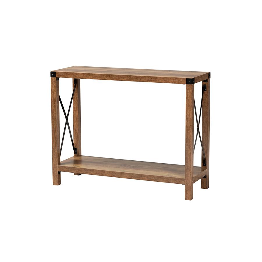 Rumi Modern Farmhouse Natural Brown Finished Wood and Black Metal Console Table. Picture 1