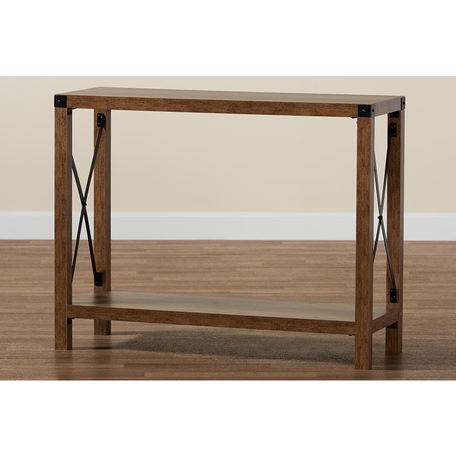 Rumi Modern Farmhouse Natural Brown Finished Wood and Black Metal Console Table. Picture 8