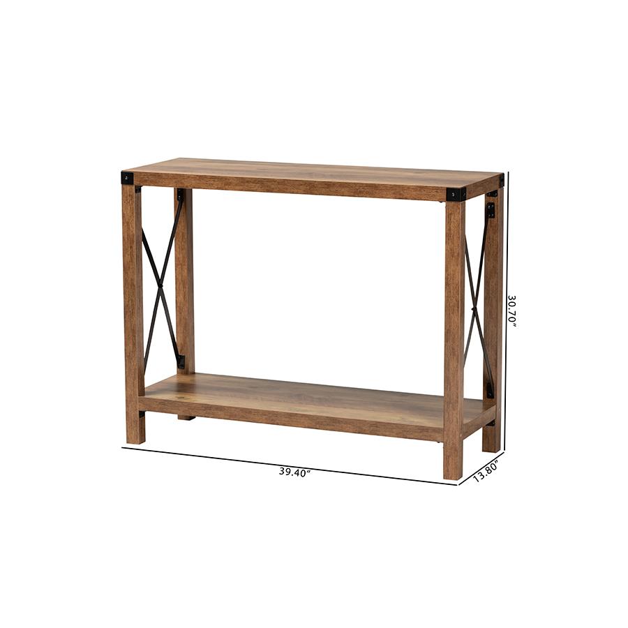 Rumi Modern Farmhouse Natural Brown Finished Wood and Black Metal Console Table. Picture 9
