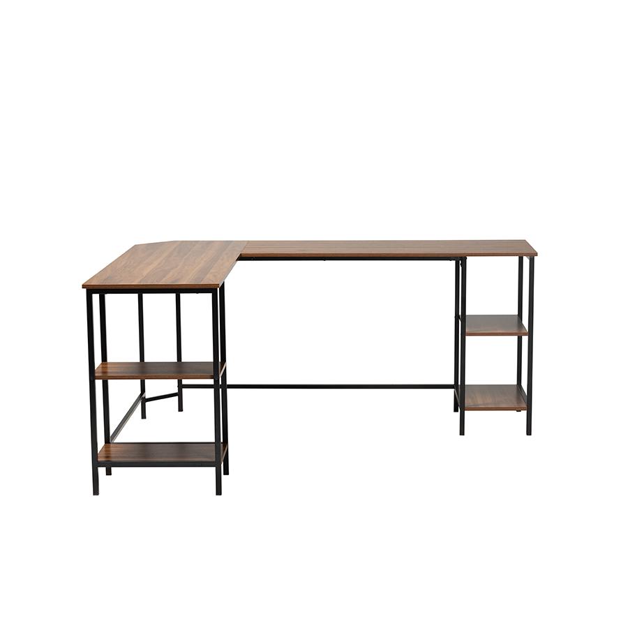 Walnut Brown Finished Wood and Black Metal L-Shaped Corner Desk with Shelves. Picture 2