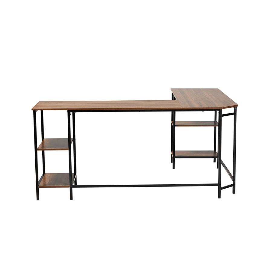 Walnut Brown Finished Wood and Black Metal L-Shaped Corner Desk with Shelves. Picture 4