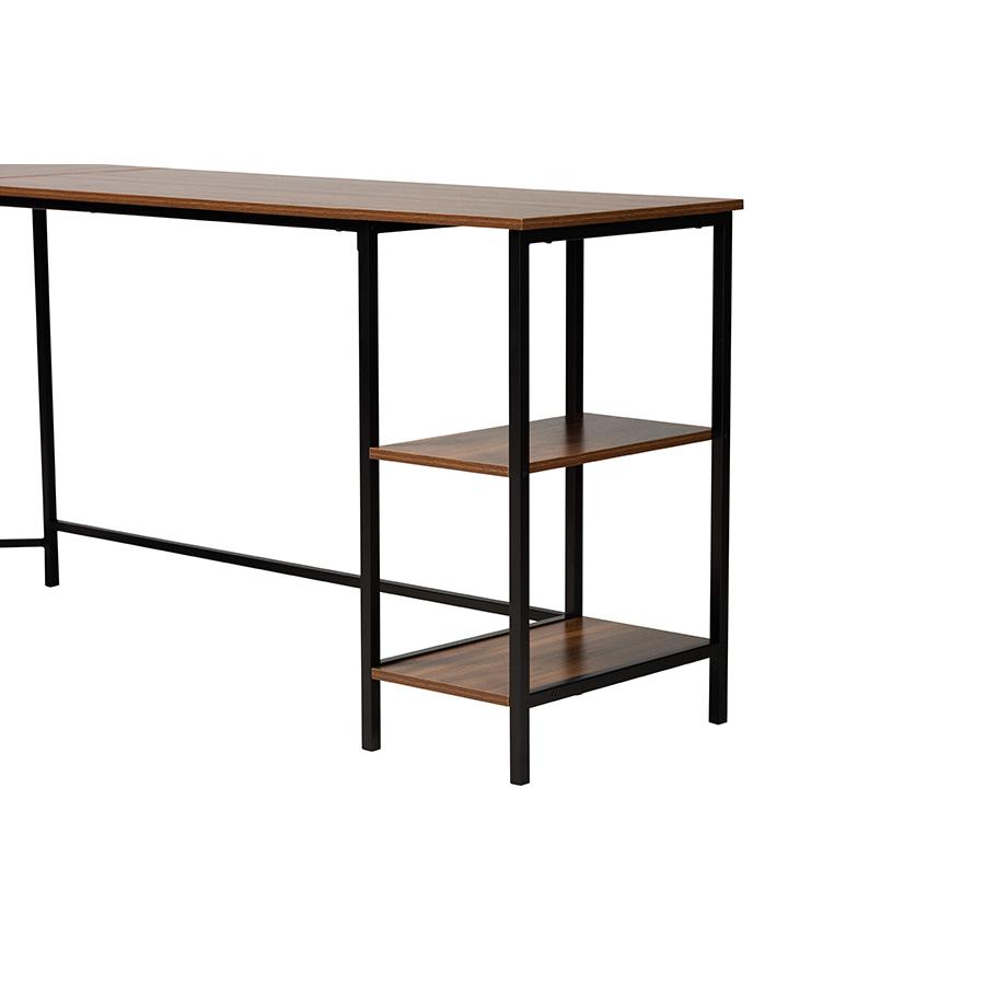 Walnut Brown Finished Wood and Black Metal L-Shaped Corner Desk with Shelves. Picture 5