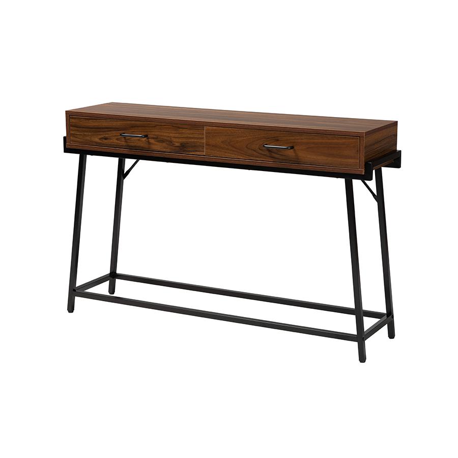 Industrial Walnut Brown Finished Wood and Black Metal 2-Drawer Console Table. Picture 1