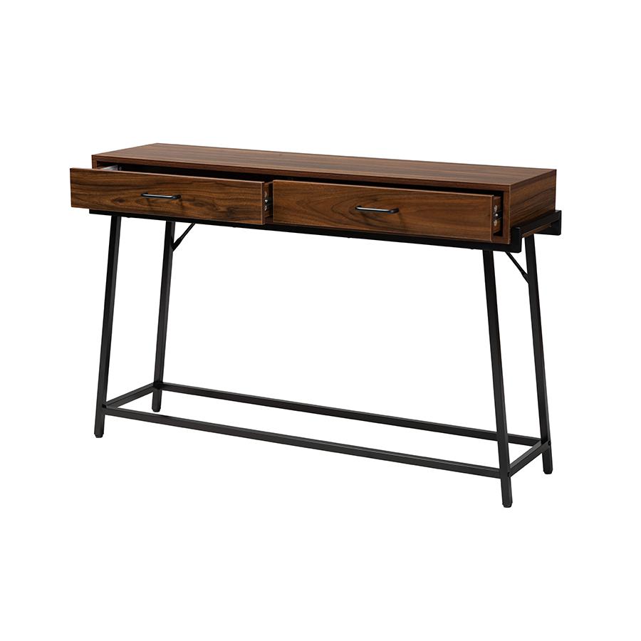Industrial Walnut Brown Finished Wood and Black Metal 2-Drawer Console Table. Picture 2