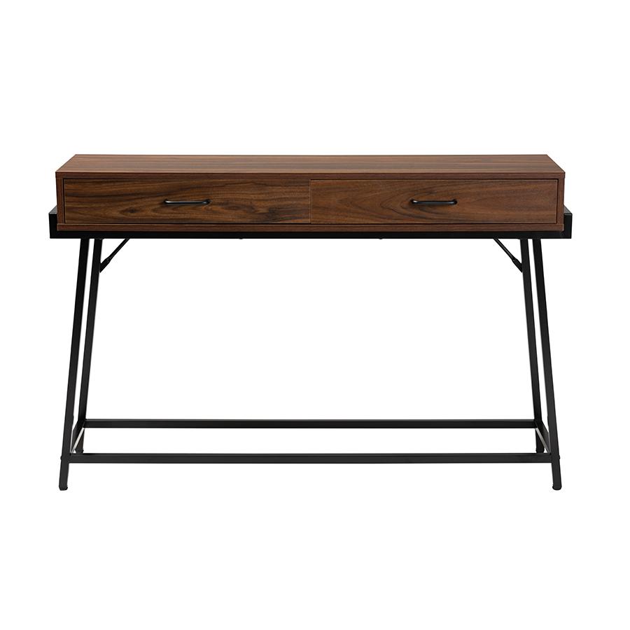 Industrial Walnut Brown Finished Wood and Black Metal 2-Drawer Console Table. Picture 3