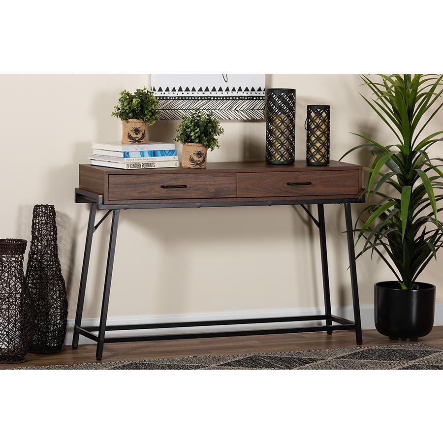 Industrial Walnut Brown Finished Wood and Black Metal 2-Drawer Console Table. Picture 8
