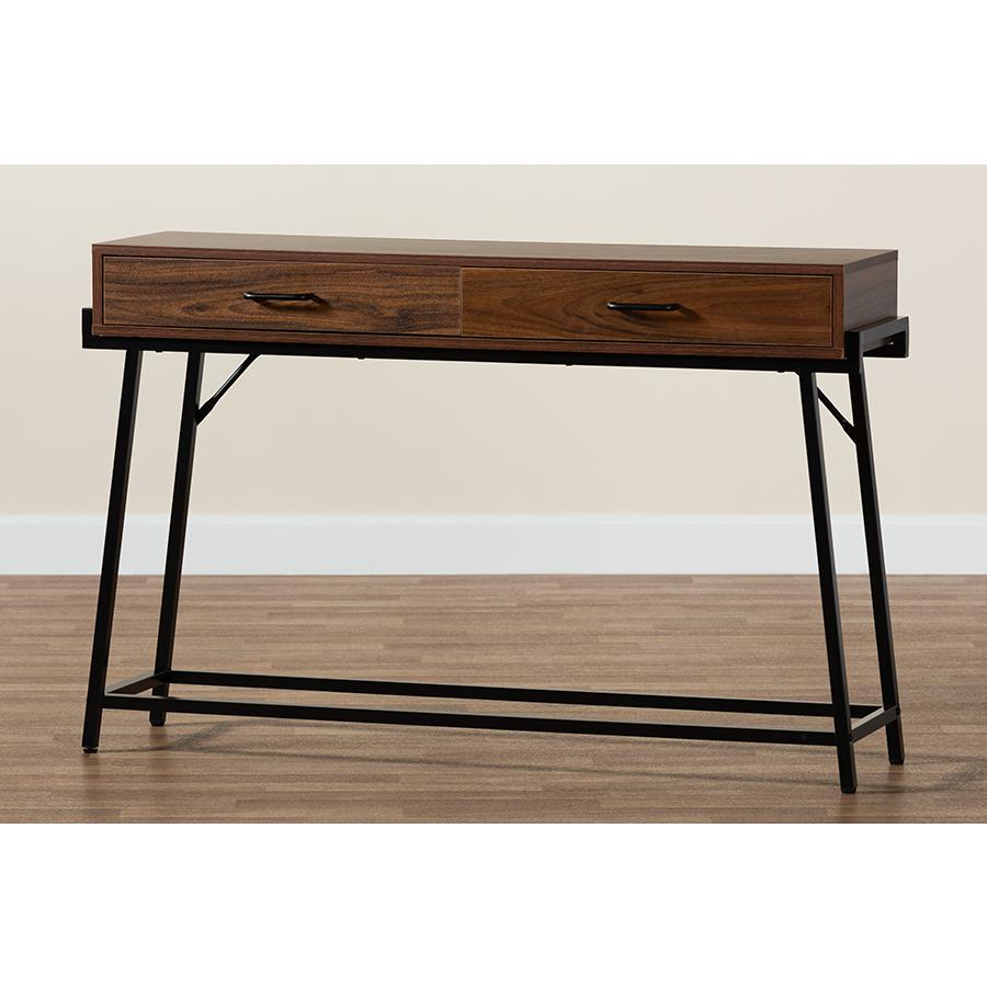 Industrial Walnut Brown Finished Wood and Black Metal 2-Drawer Console Table. Picture 9