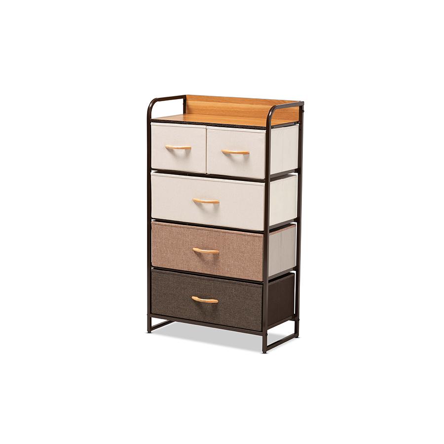 Multi-Colored Fabric Upholstered and Black Metak 5-Drawer Storage Cabinet. Picture 1