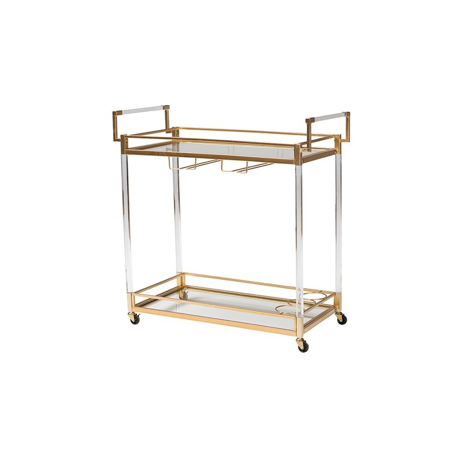 Baxton Studio Savannah Contemporary Glam and Luxe Gold Metal and Glass Wine Cart. Picture 1