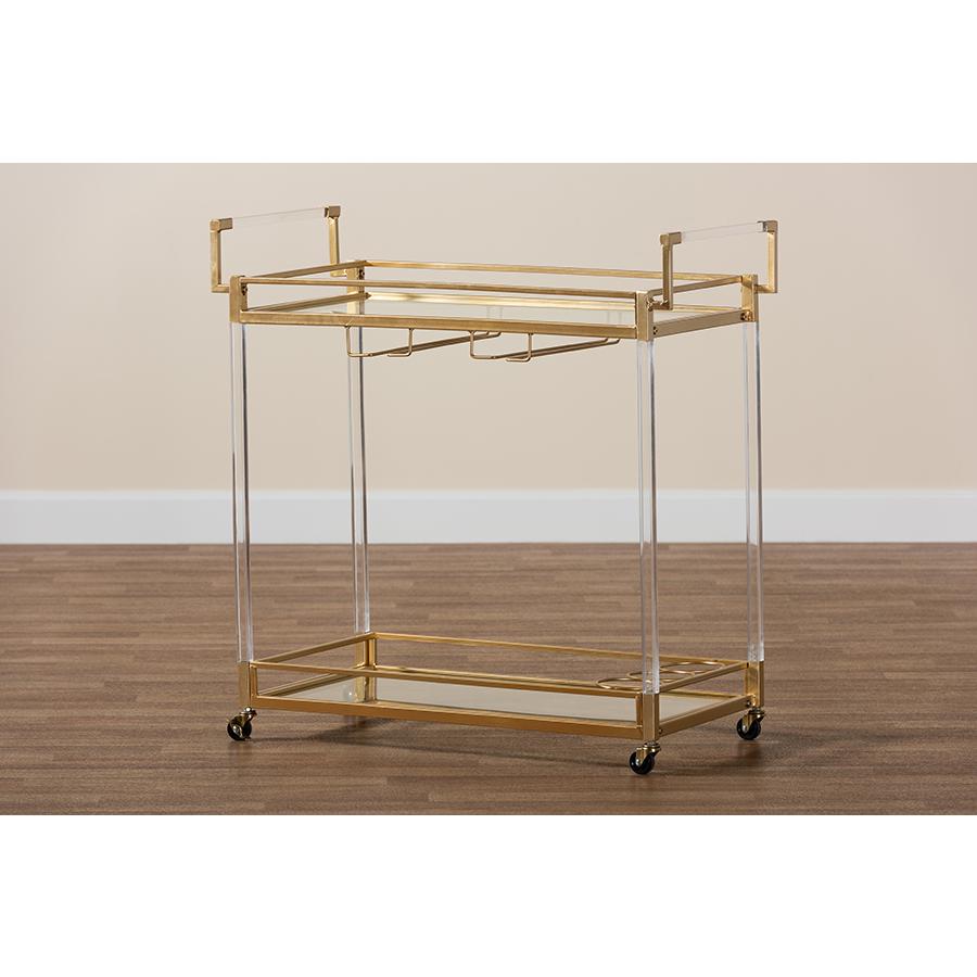 Baxton Studio Savannah Contemporary Glam and Luxe Gold Metal and Glass Wine Cart. Picture 10
