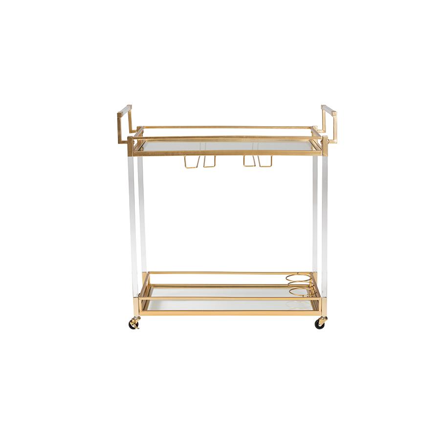 Baxton Studio Savannah Contemporary Glam and Luxe Gold Metal and Glass Wine Cart. Picture 2