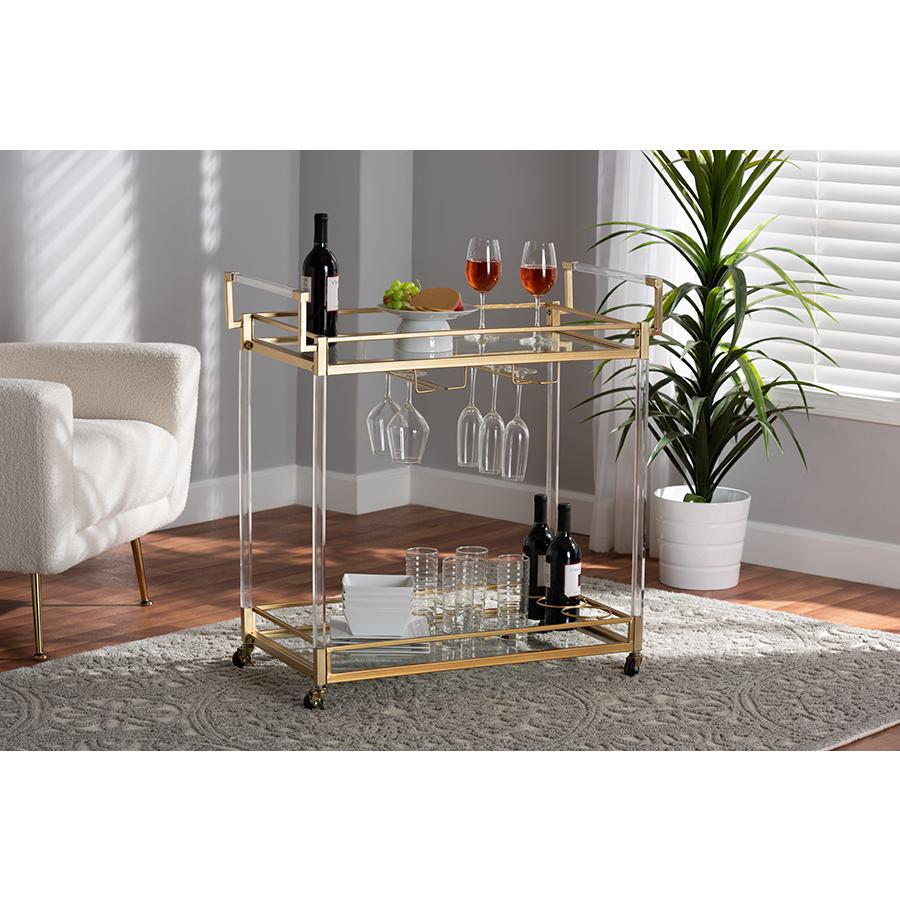 Baxton Studio Savannah Contemporary Glam and Luxe Gold Metal and Glass Wine Cart. Picture 9