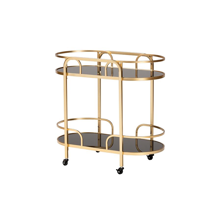 Glam and Luxe Gold Metal and Tempered Glass 2-Tier Wine Cart. Picture 1