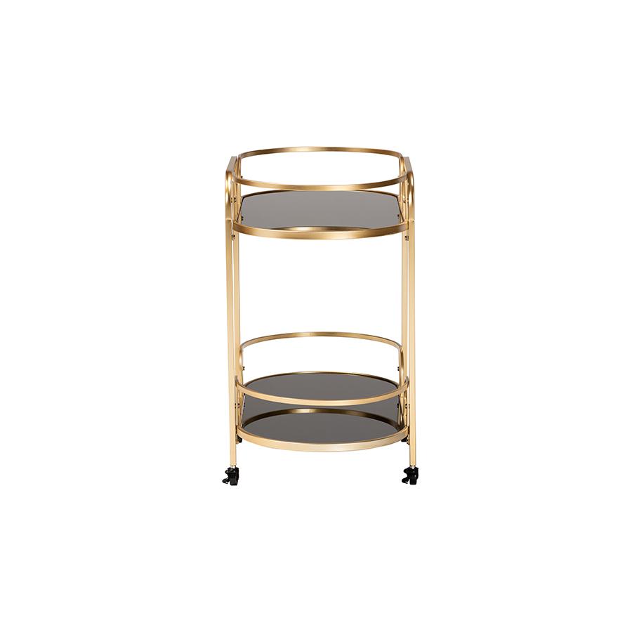Glam and Luxe Gold Metal and Tempered Glass 2-Tier Wine Cart. Picture 3