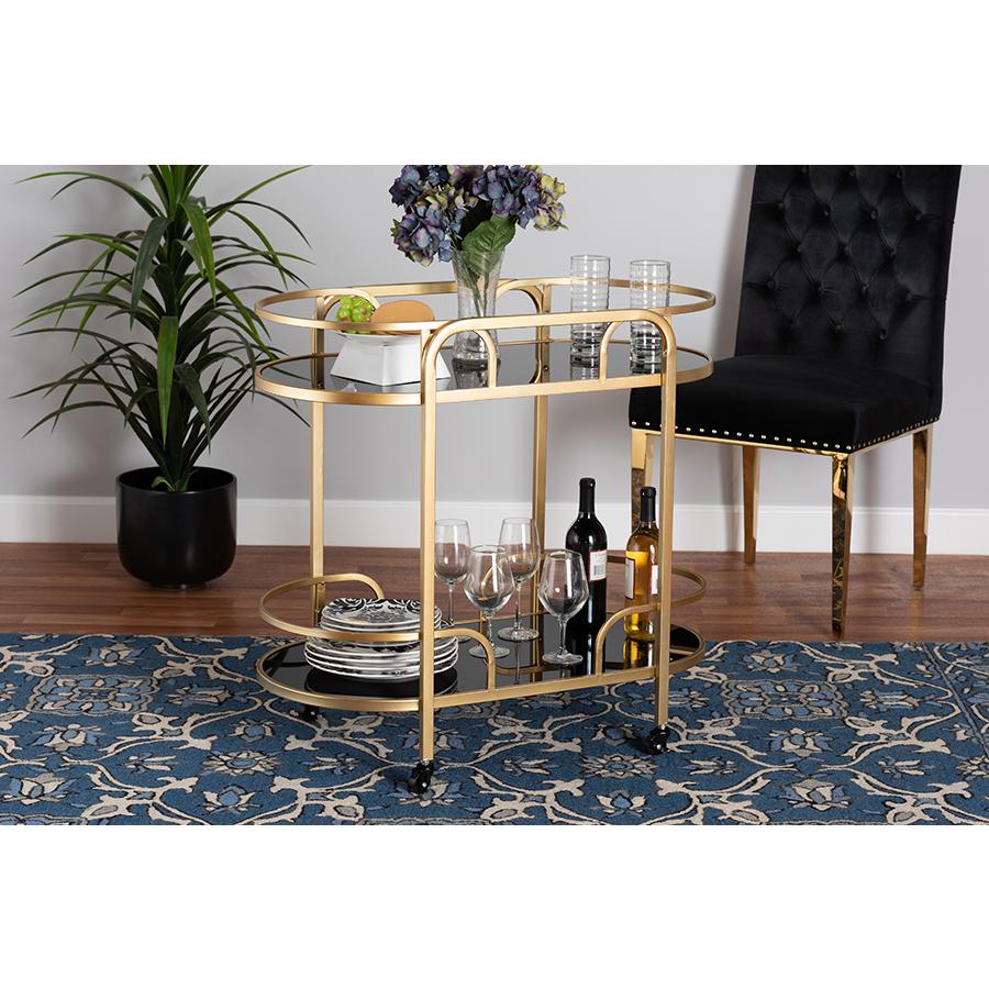Glam and Luxe Gold Metal and Tempered Glass 2-Tier Wine Cart. Picture 6