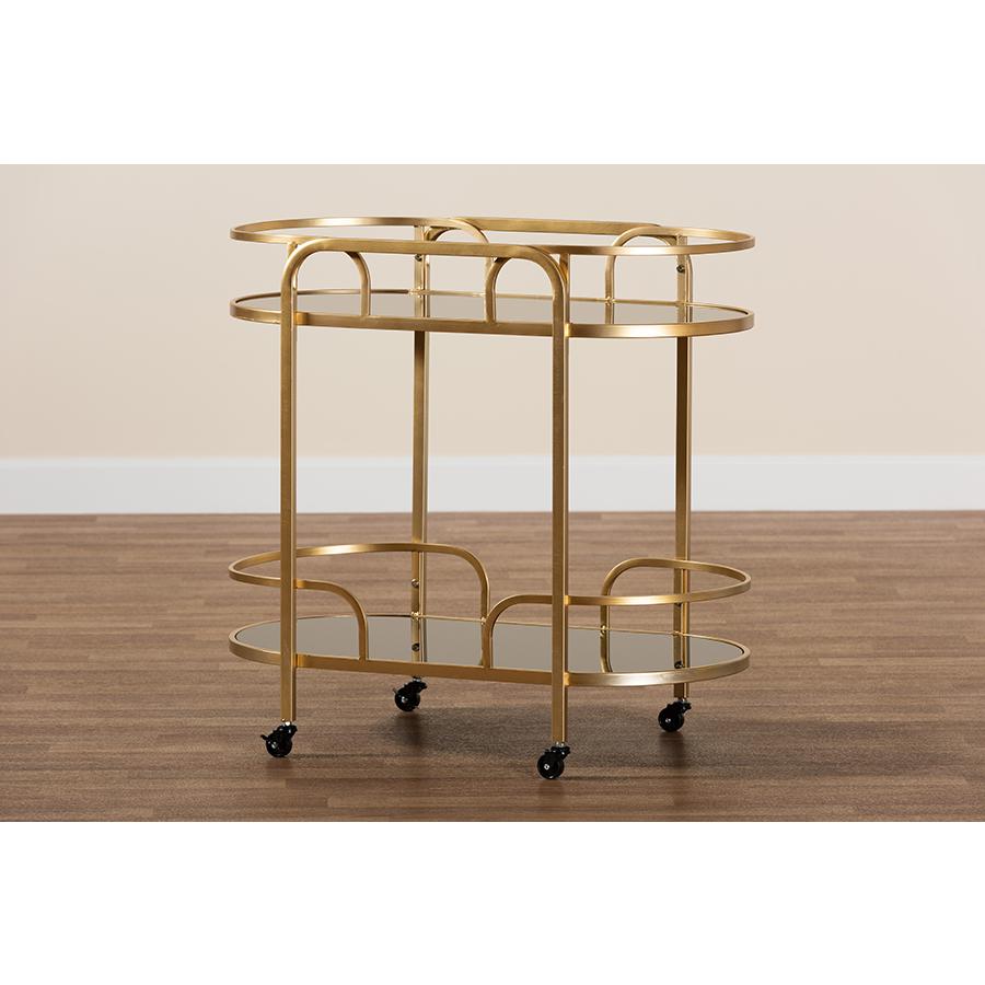 Glam and Luxe Gold Metal and Tempered Glass 2-Tier Wine Cart. Picture 7