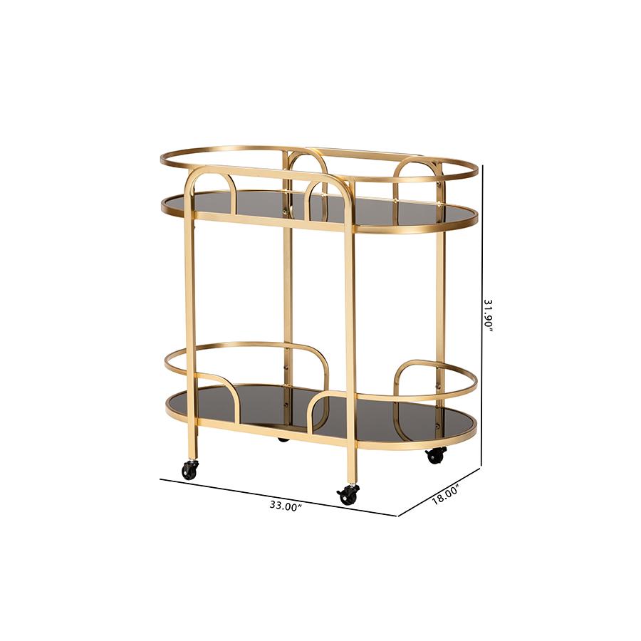 Glam and Luxe Gold Metal and Tempered Glass 2-Tier Wine Cart. Picture 8