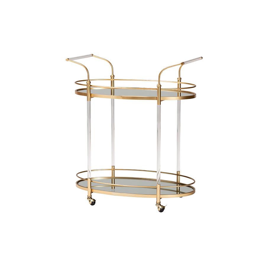 Nakano Contemporary Glam and Luxe Gold Metal and Mirrored Glass 2-Tier Wine Cart. Picture 1