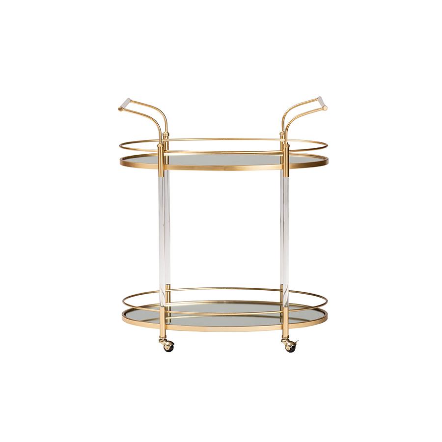 Nakano Contemporary Glam and Luxe Gold Metal and Mirrored Glass 2-Tier Wine Cart. Picture 2