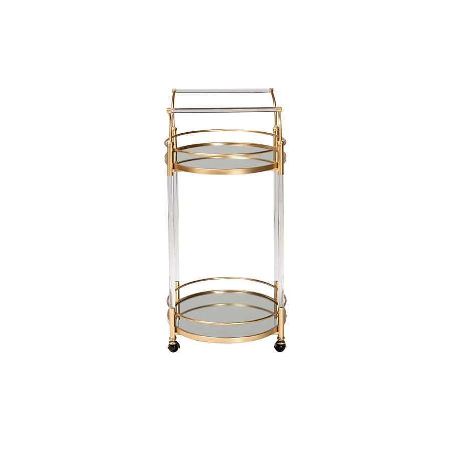 Nakano Contemporary Glam and Luxe Gold Metal and Mirrored Glass 2-Tier Wine Cart. Picture 3
