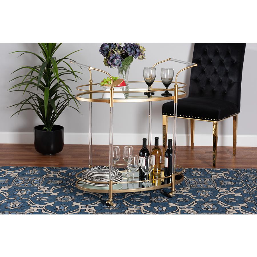 Nakano Contemporary Glam and Luxe Gold Metal and Mirrored Glass 2-Tier Wine Cart. Picture 6