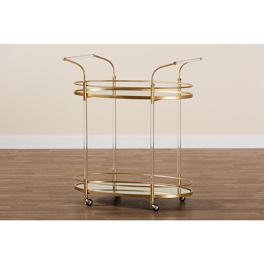 Nakano Contemporary Glam and Luxe Gold Metal and Mirrored Glass 2-Tier Wine Cart. Picture 7