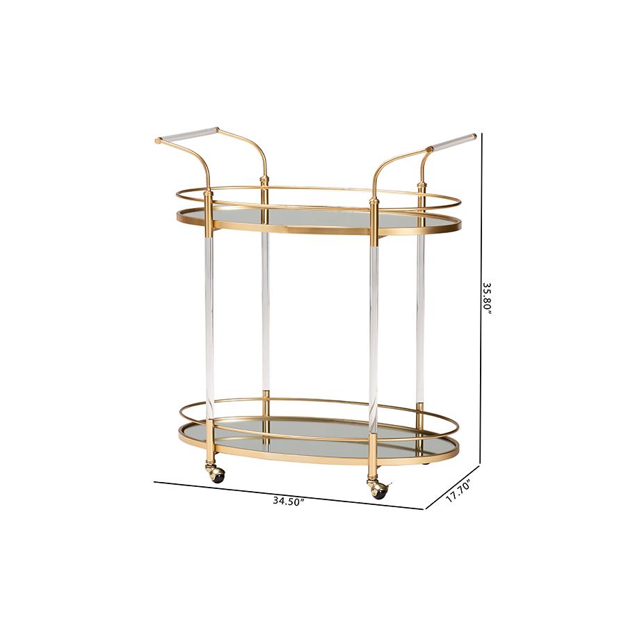Nakano Contemporary Glam and Luxe Gold Metal and Mirrored Glass 2-Tier Wine Cart. Picture 8