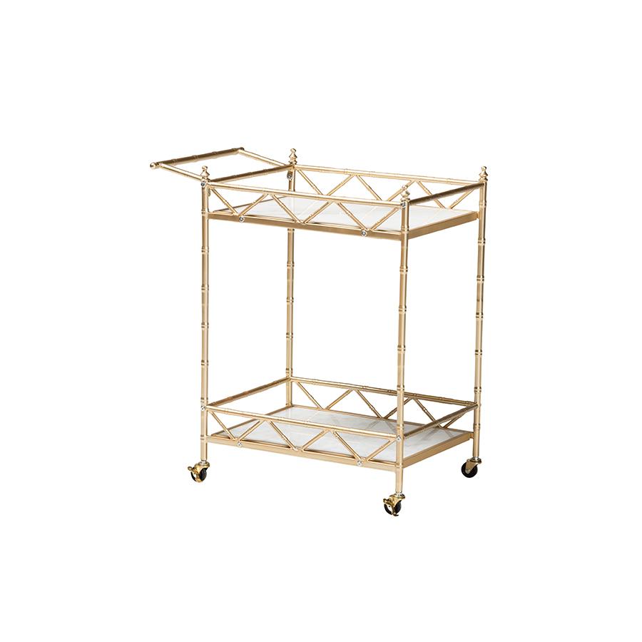 Mela Contemporary Glam and Luxe Gold Metal and White Marble 2-Tier Wine Cart. Picture 1