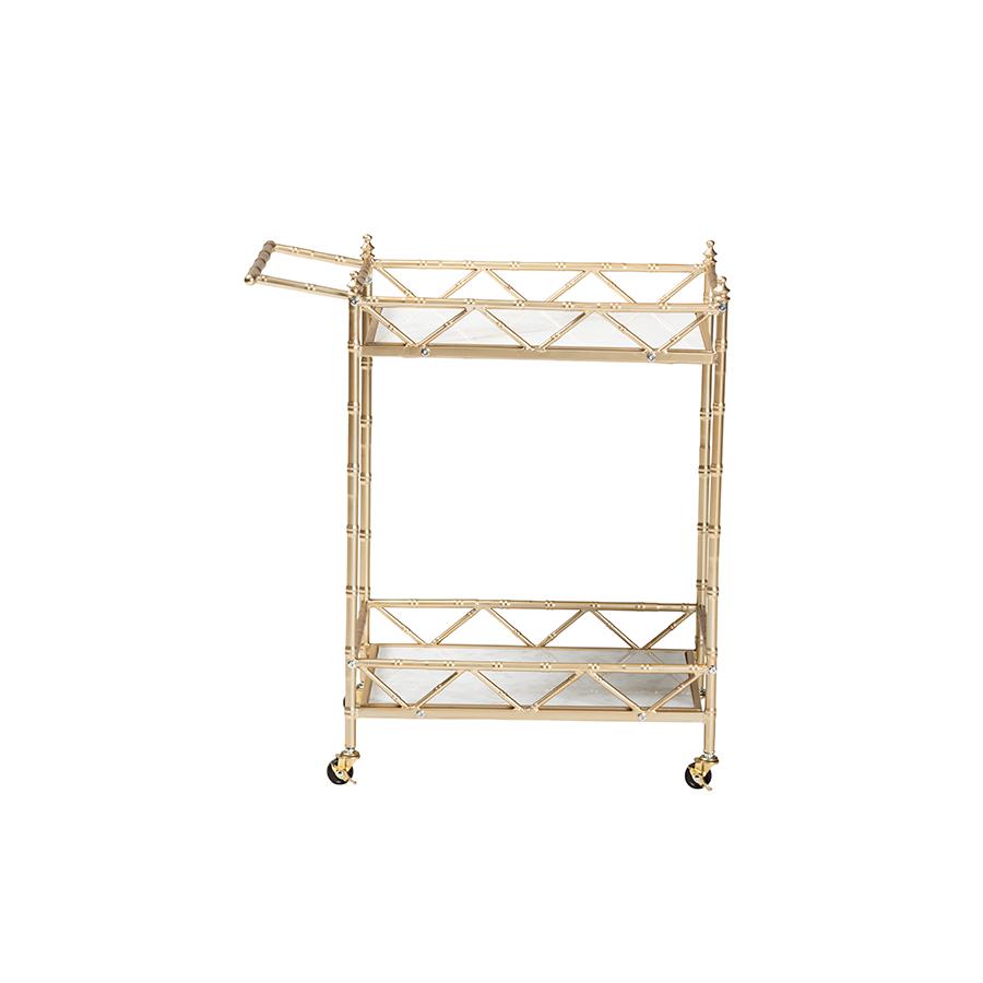 Mela Contemporary Glam and Luxe Gold Metal and White Marble 2-Tier Wine Cart. Picture 2