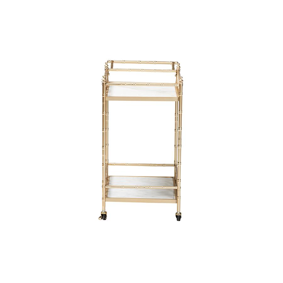 Mela Contemporary Glam and Luxe Gold Metal and White Marble 2-Tier Wine Cart. Picture 3