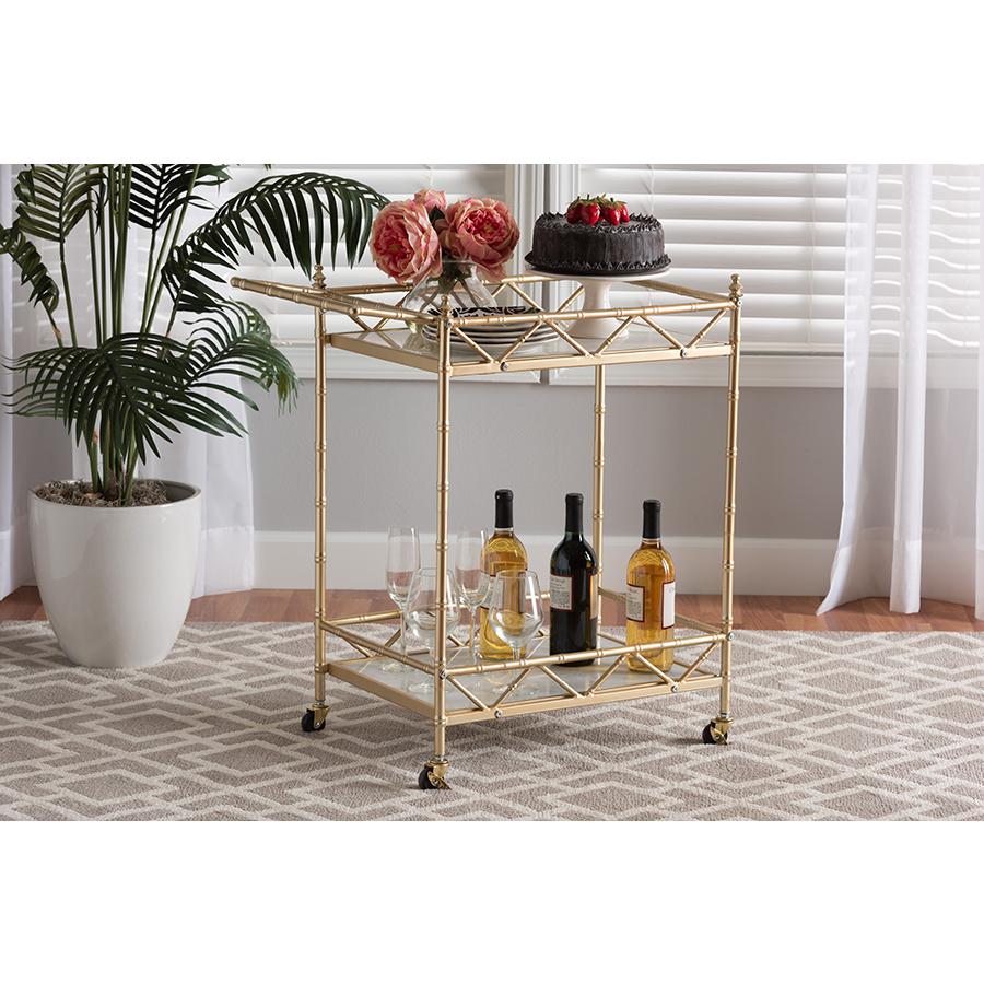 Mela Contemporary Glam and Luxe Gold Metal and White Marble 2-Tier Wine Cart. Picture 6