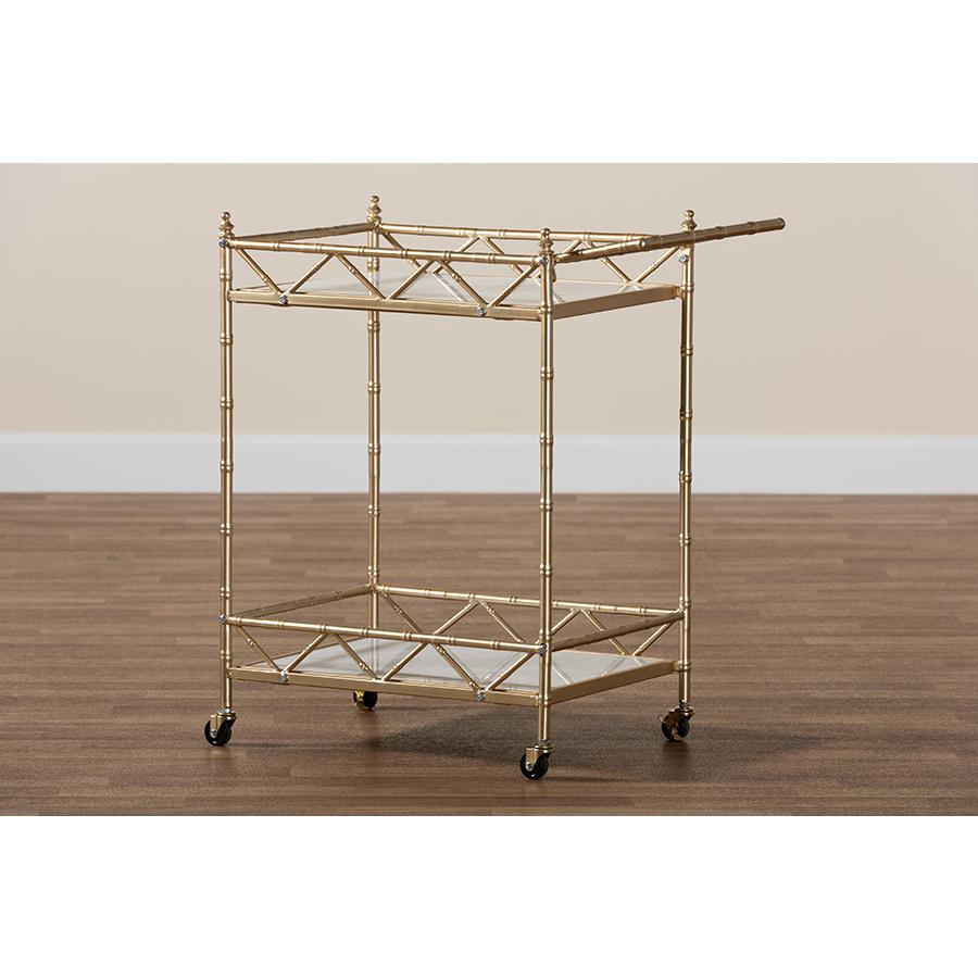Mela Contemporary Glam and Luxe Gold Metal and White Marble 2-Tier Wine Cart. Picture 7