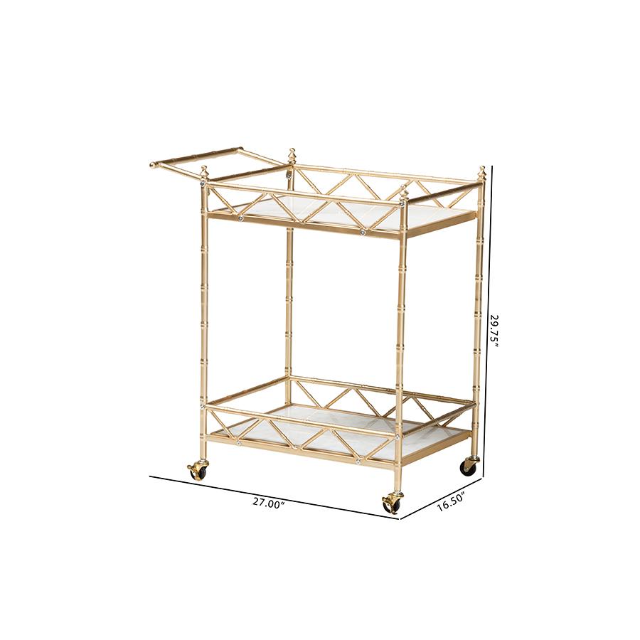Mela Contemporary Glam and Luxe Gold Metal and White Marble 2-Tier Wine Cart. Picture 8