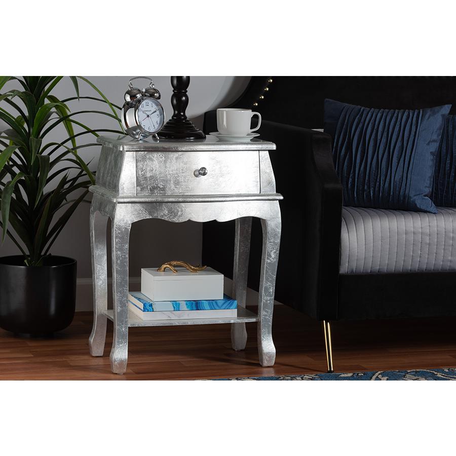 Baxton Studio Harriet Classic and Traditional Silver Finished Wood 1-Drawer Nightstand. Picture 8