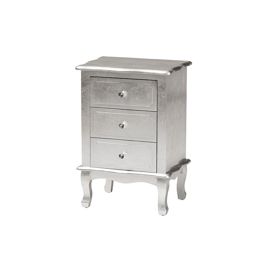 Baxton Studio Newton Classic and Traditional Silver Finsihed Wood 3-Drawer Nightstand. Picture 1