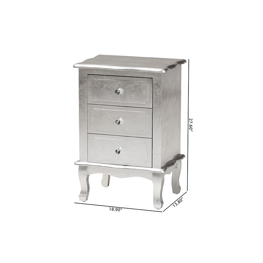 Baxton Studio Newton Classic and Traditional Silver Finsihed Wood 3-Drawer Nightstand. Picture 10
