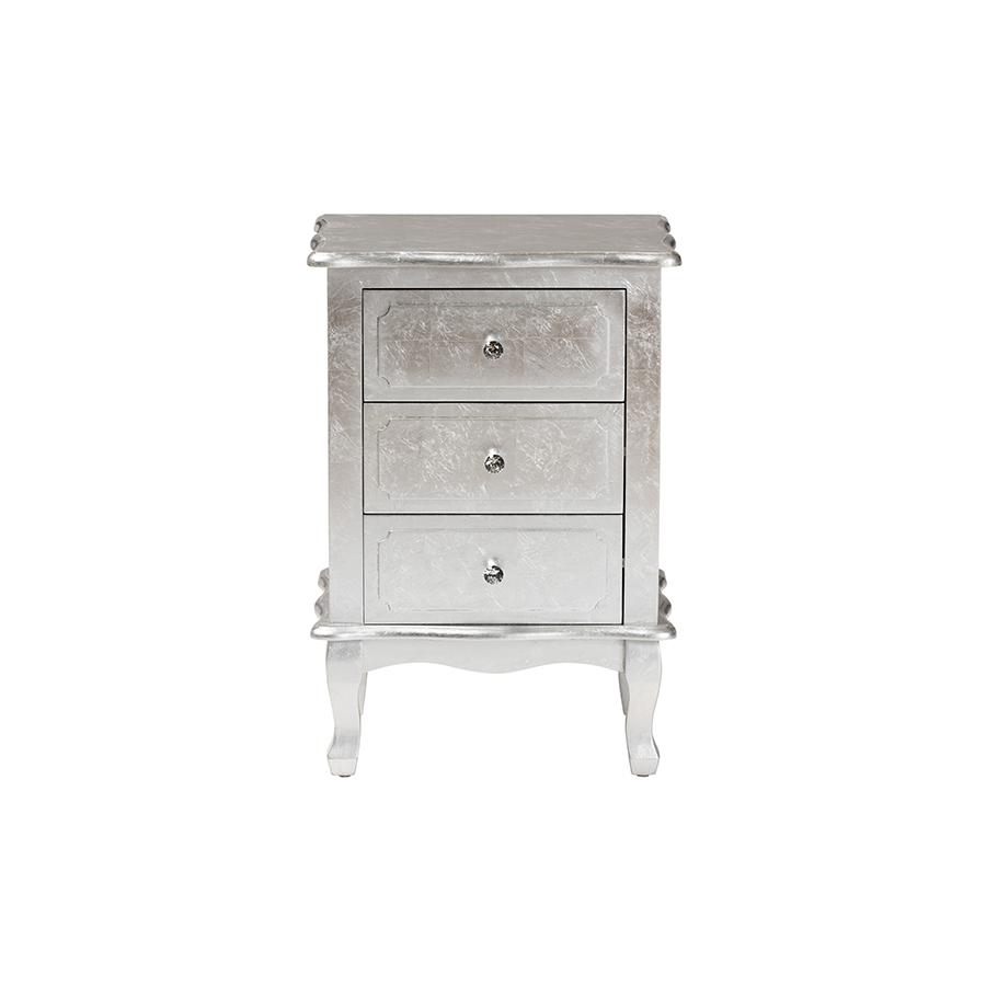 Baxton Studio Newton Classic and Traditional Silver Finsihed Wood 3-Drawer Nightstand. Picture 3