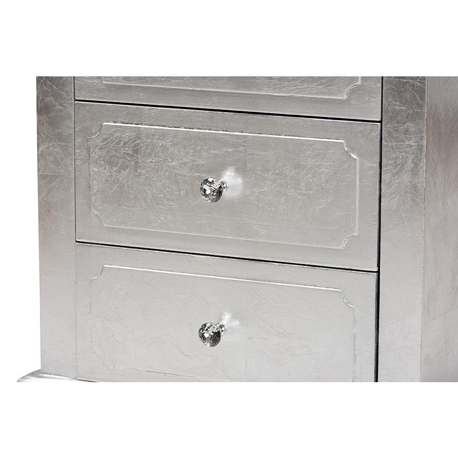Baxton Studio Newton Classic and Traditional Silver Finsihed Wood 3-Drawer Nightstand. Picture 5