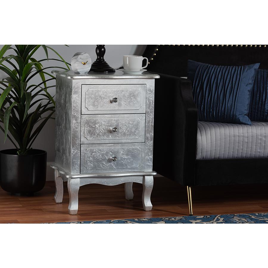Baxton Studio Newton Classic and Traditional Silver Finsihed Wood 3-Drawer Nightstand. Picture 8