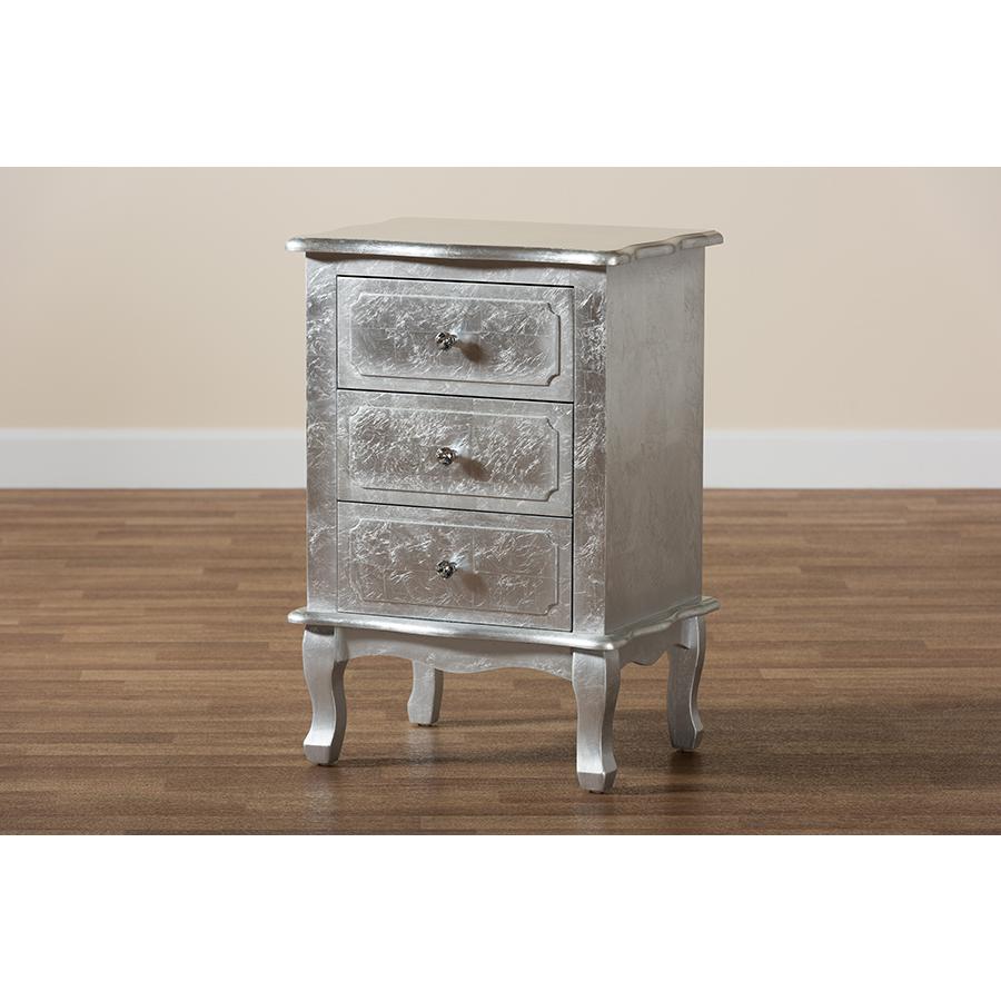Baxton Studio Newton Classic and Traditional Silver Finsihed Wood 3-Drawer Nightstand. Picture 9