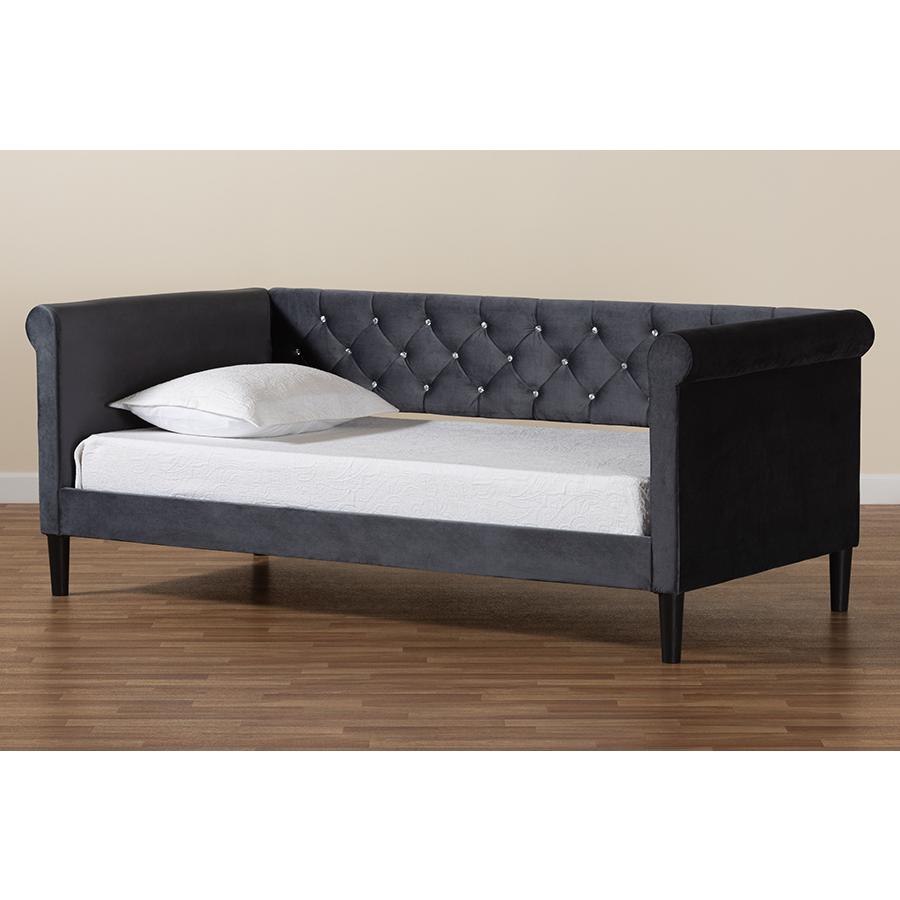 Grey Velvet Fabric Upholstered and Dark Brown Finished Wood Twin Size Daybed. Picture 8