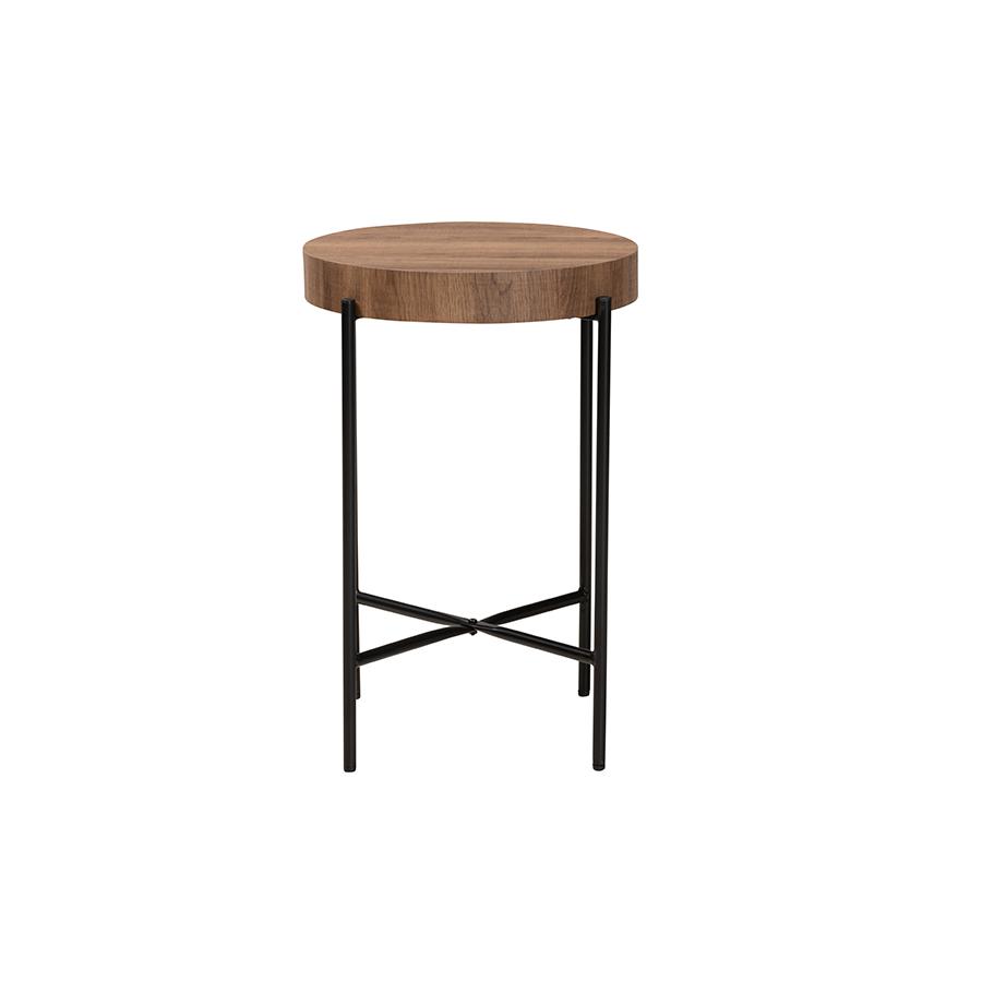 Savion Modern Industrial Walnut Brown Finished Wood and Black Metal End Table. Picture 1