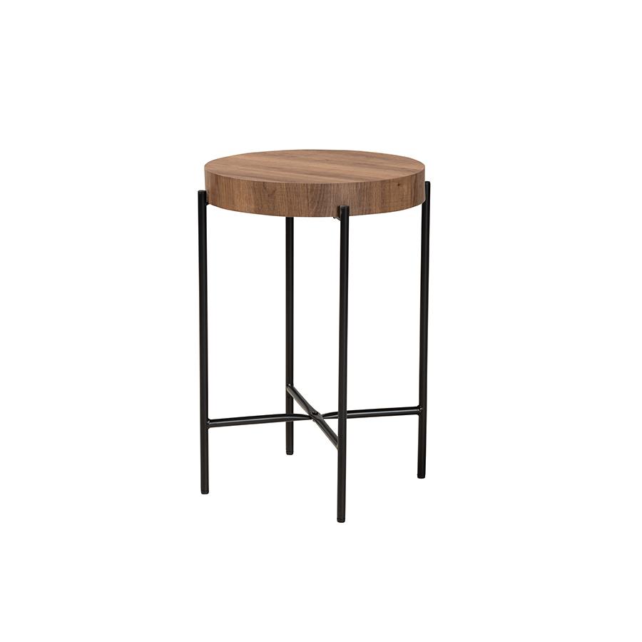 Savion Modern Industrial Walnut Brown Finished Wood and Black Metal End Table. Picture 2