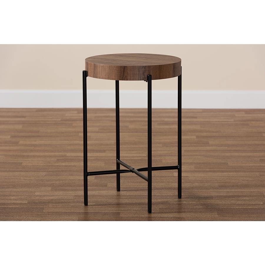 Savion Modern Industrial Walnut Brown Finished Wood and Black Metal End Table. Picture 6