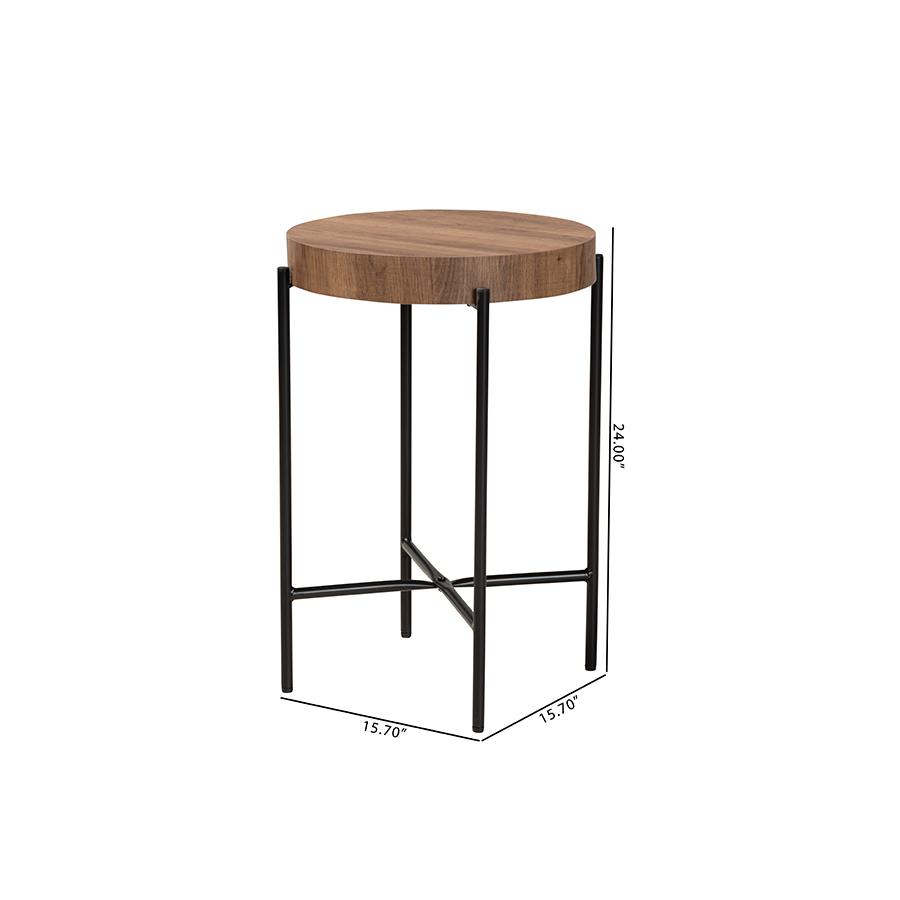 Savion Modern Industrial Walnut Brown Finished Wood and Black Metal End Table. Picture 7